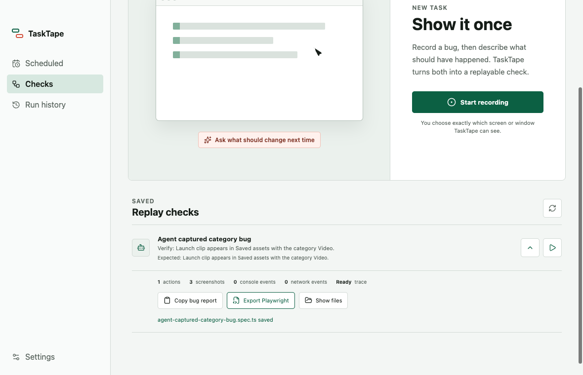 TaskTape Replay showing an agent-created check with evidence, report, and Playwright export controls