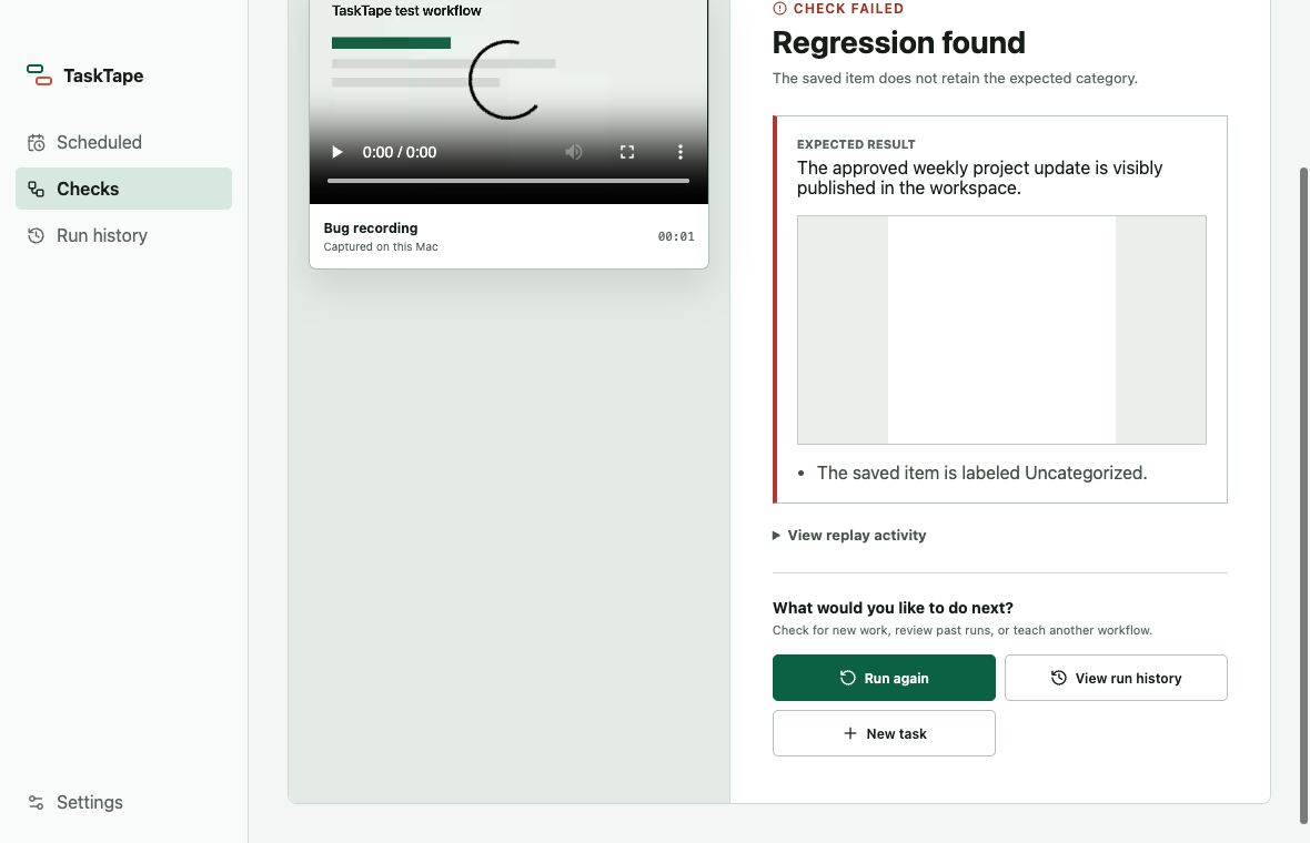 TaskTape showing a failed replay with the expected result and observed regression